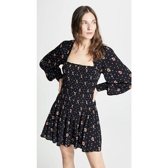 Free People Dresses & Skirts - Free People Two Faces Mini Dress Black Floral Smocked Long Sleeve Size S